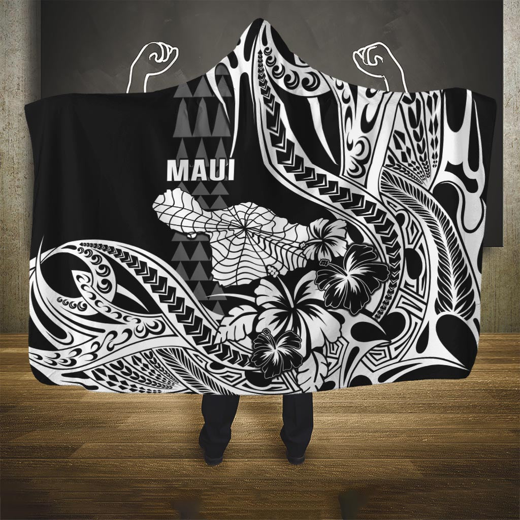 Hawaii Maui Upena Kiloi Hooded Blanket Kakau Tribal Pattern Black Version