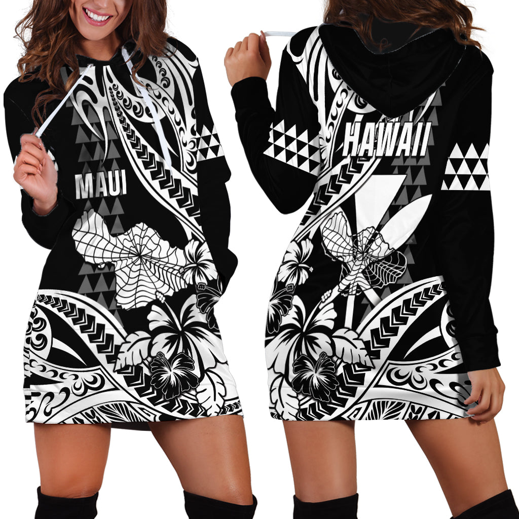 Hawaii Maui Upena Kiloi Hoodie Dress Kakau Tribal Pattern Black Version LT05 - Polynesian Pride