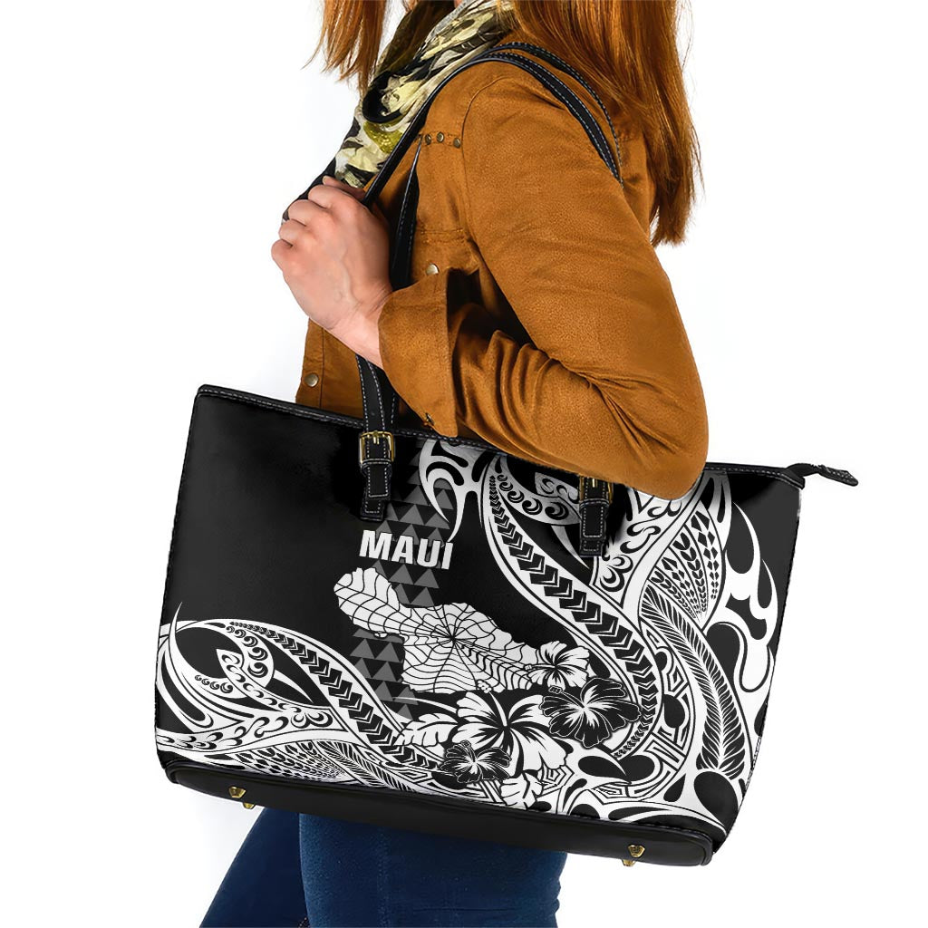 Hawaii Maui Upena Kiloi Leather Tote Bag Kakau Tribal Pattern Black Version LT05 Black - Polynesian Pride