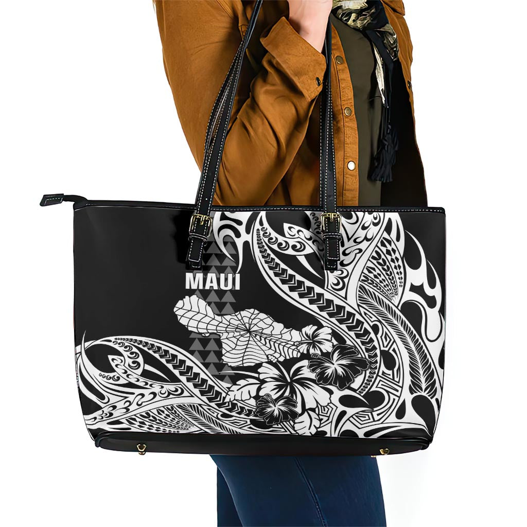 Hawaii Maui Upena Kiloi Leather Tote Bag Kakau Tribal Pattern Black Version LT05 - Polynesian Pride