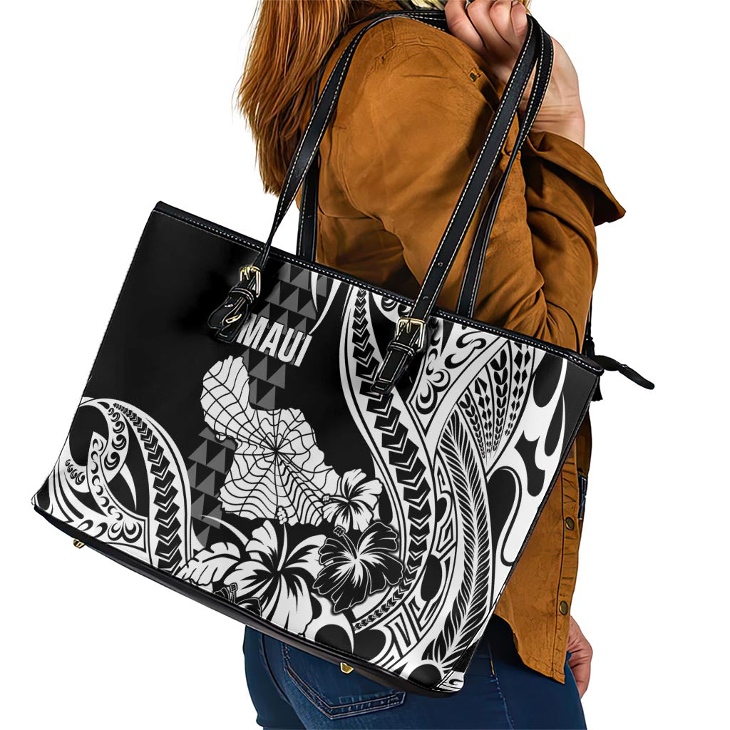 Hawaii Maui Upena Kiloi Leather Tote Bag Kakau Tribal Pattern Black Version LT05 - Polynesian Pride