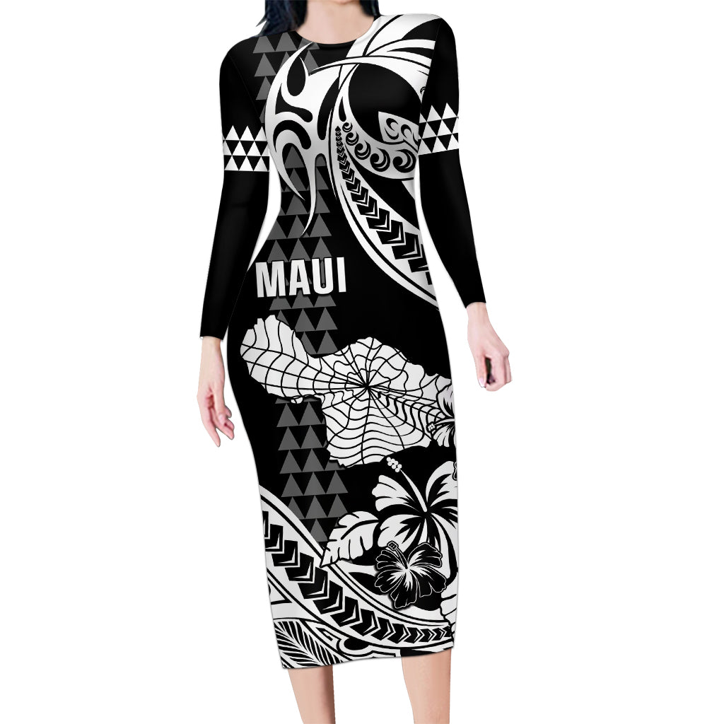 Hawaii Maui Upena Kiloi Long Sleeve Bodycon Dress Kakau Tribal Pattern Black Version