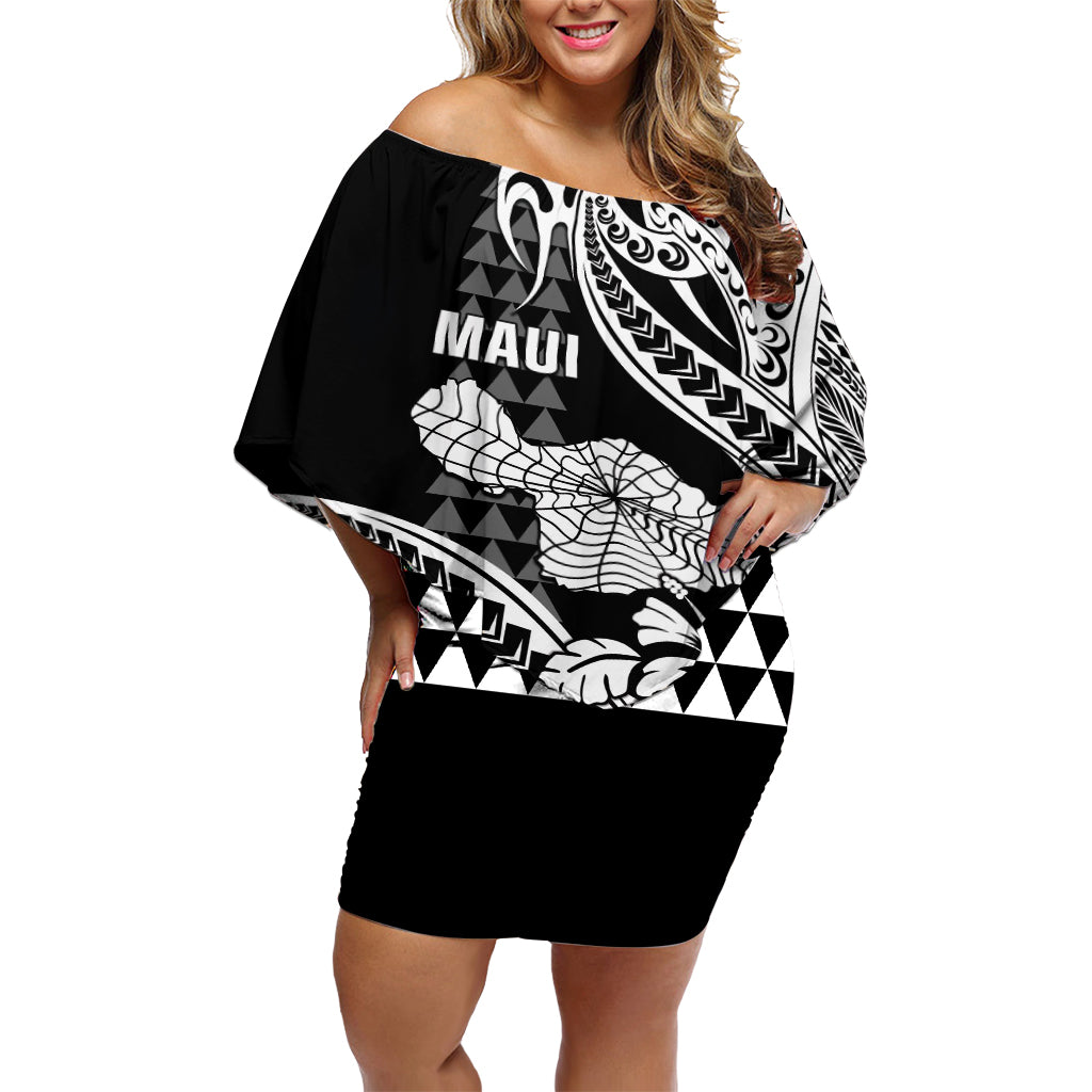 Hawaii Maui Upena Kiloi Off Shoulder Short Dress Kakau Tribal Pattern Black Version LT05 Women Black - Polynesian Pride