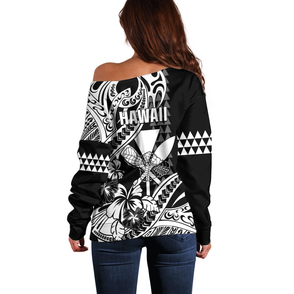 Hawaii Maui Upena Kiloi Off Shoulder Sweater Kakau Tribal Pattern Black Version