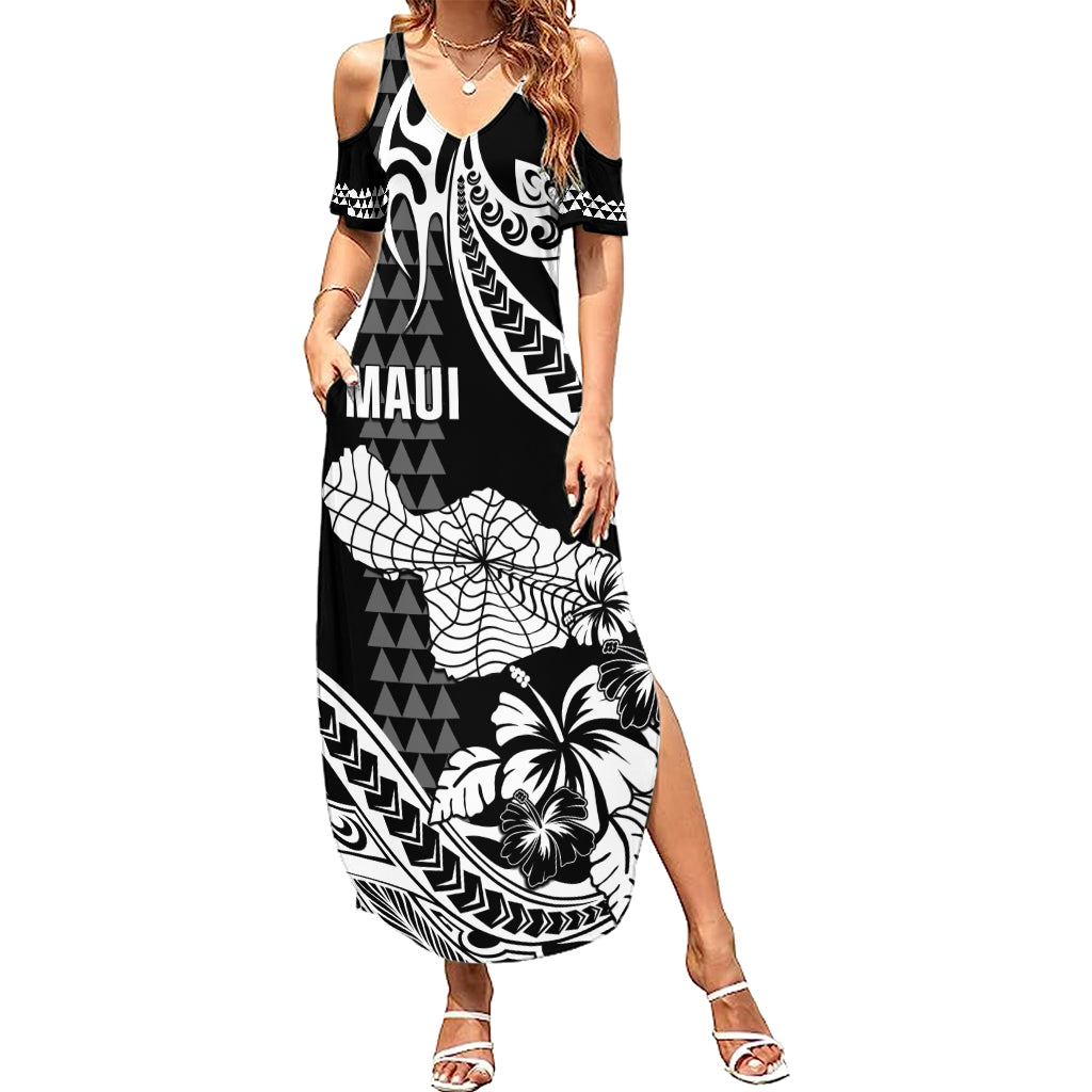 Hawaii Maui Upena Kiloi Summer Maxi Dress Kakau Tribal Pattern Black Version LT05 Women Black - Polynesian Pride