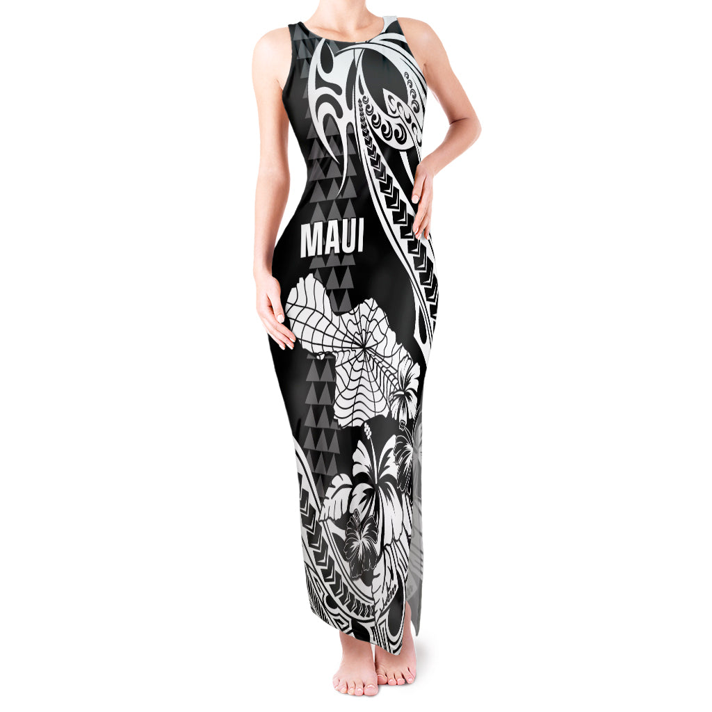 Hawaii Maui Upena Kiloi Tank Maxi Dress Kakau Tribal Pattern Black Version LT05 Women Black - Polynesian Pride