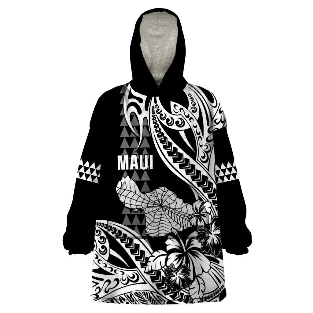 Hawaii Maui Upena Kiloi Wearable Blanket Hoodie Kakau Tribal Pattern Black Version