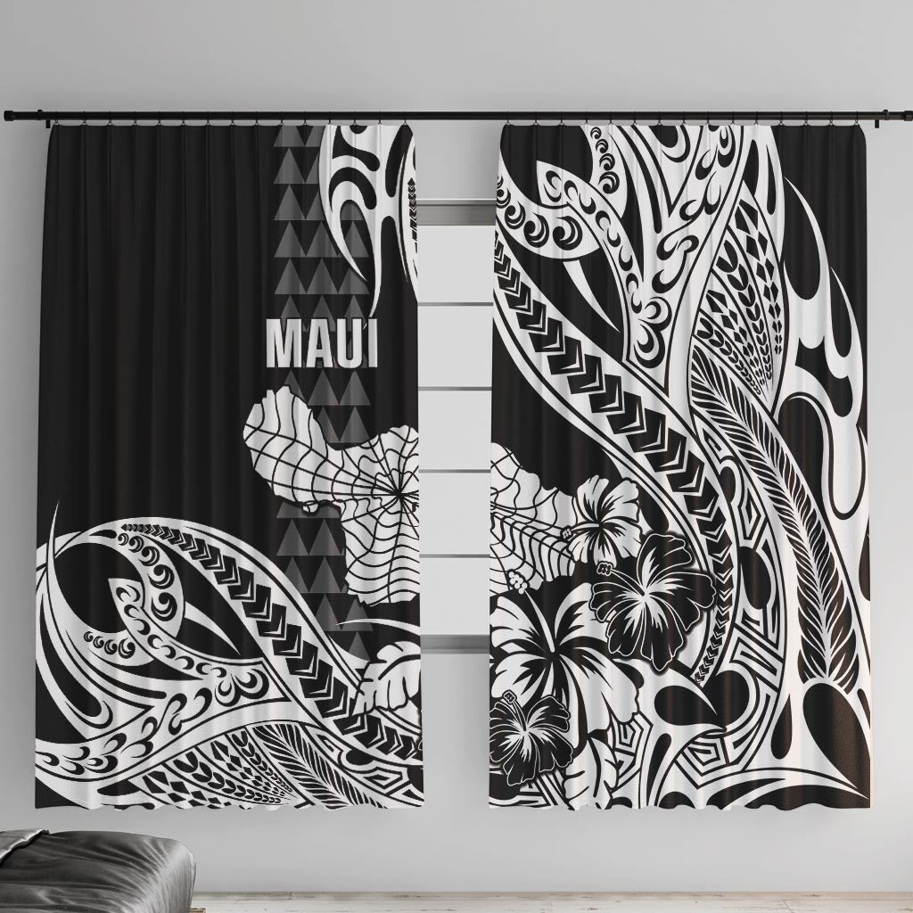Hawaii Maui Upena Kiloi Window Curtain Kakau Tribal Pattern Black Version LT05 With Hooks Black - Polynesian Pride