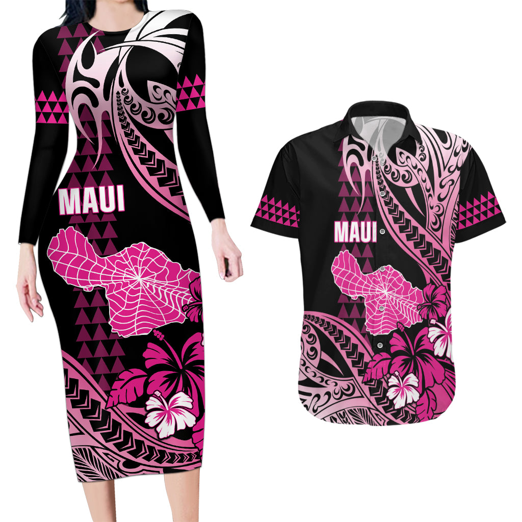 Hawaii Maui Upena Kiloi Couples Matching Long Sleeve Bodycon Dress and Hawaiian Shirt Kakau Tribal Pattern Pink Version LT05 Pink - Polynesian Pride