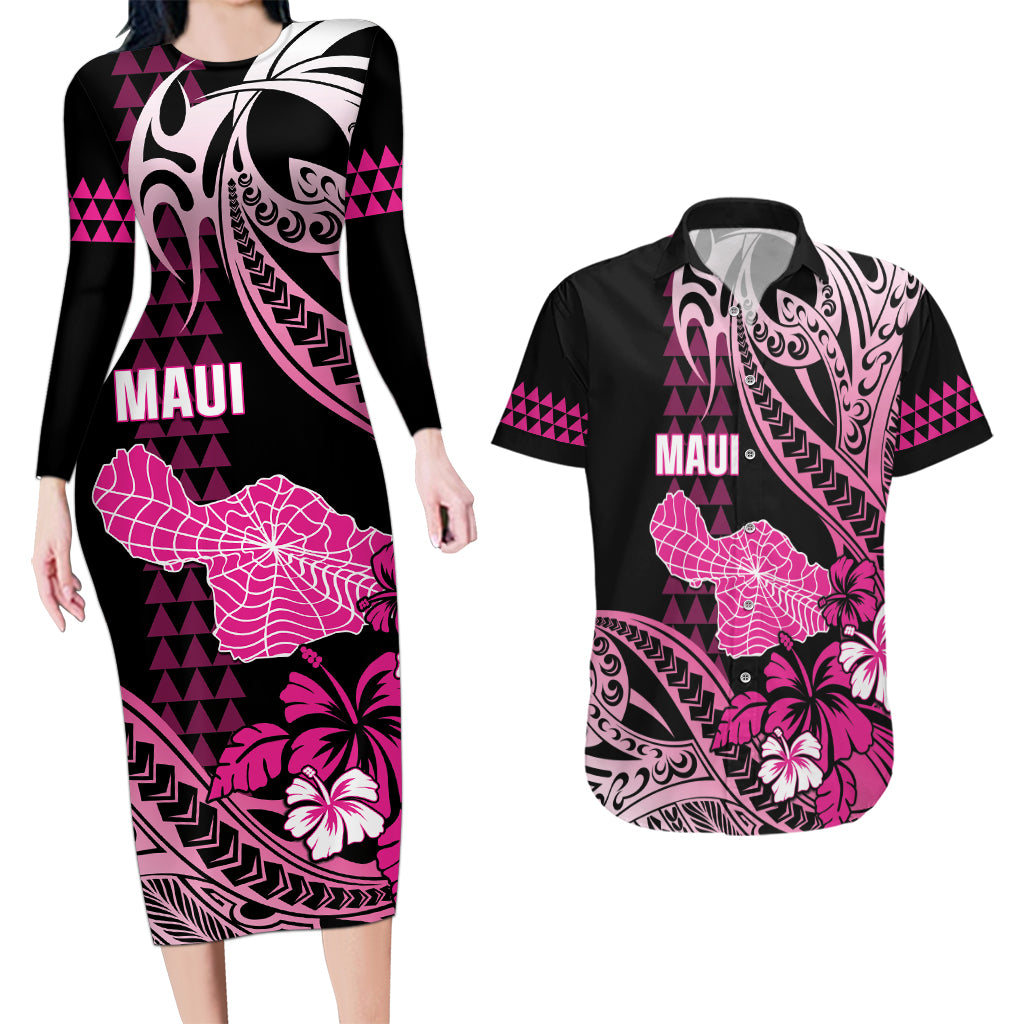 Hawaii Maui Upena Kiloi Couples Matching Long Sleeve Bodycon Dress and Hawaiian Shirt Kakau Tribal Pattern Pink Version