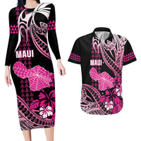 Hawaii Maui Upena Kiloi Couples Matching Long Sleeve Bodycon Dress and Hawaiian Shirt Kakau Tribal Pattern Pink Version LT05 Pink - Polynesian Pride
