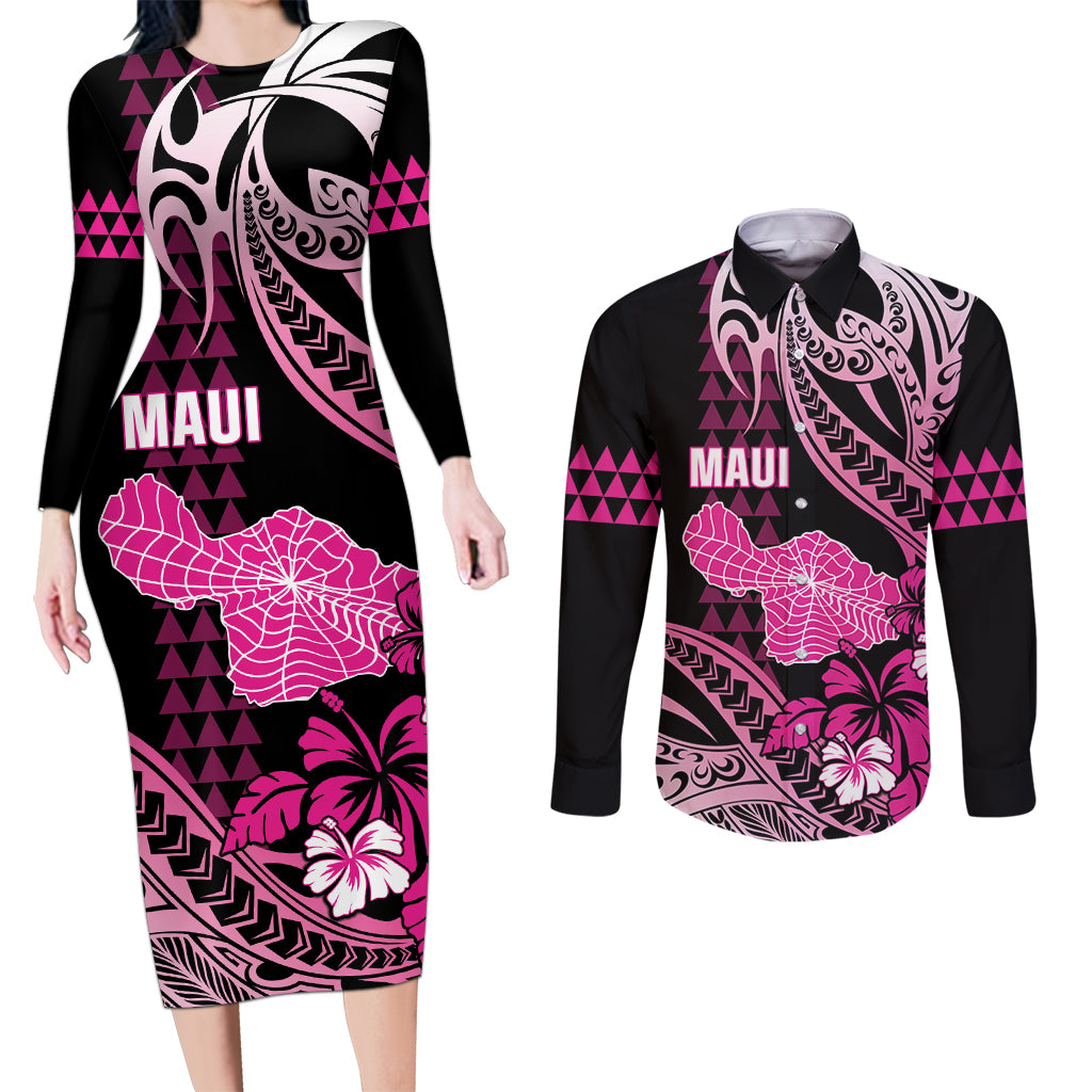 Hawaii Maui Upena Kiloi Couples Matching Long Sleeve Bodycon Dress and Long Sleeve Button Shirt Kakau Tribal Pattern Pink Version LT05 Pink - Polynesian Pride