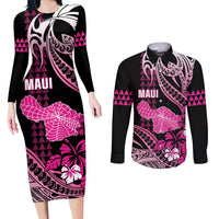 Hawaii Maui Upena Kiloi Couples Matching Long Sleeve Bodycon Dress and Long Sleeve Button Shirt Kakau Tribal Pattern Pink Version LT05 Pink - Polynesian Pride
