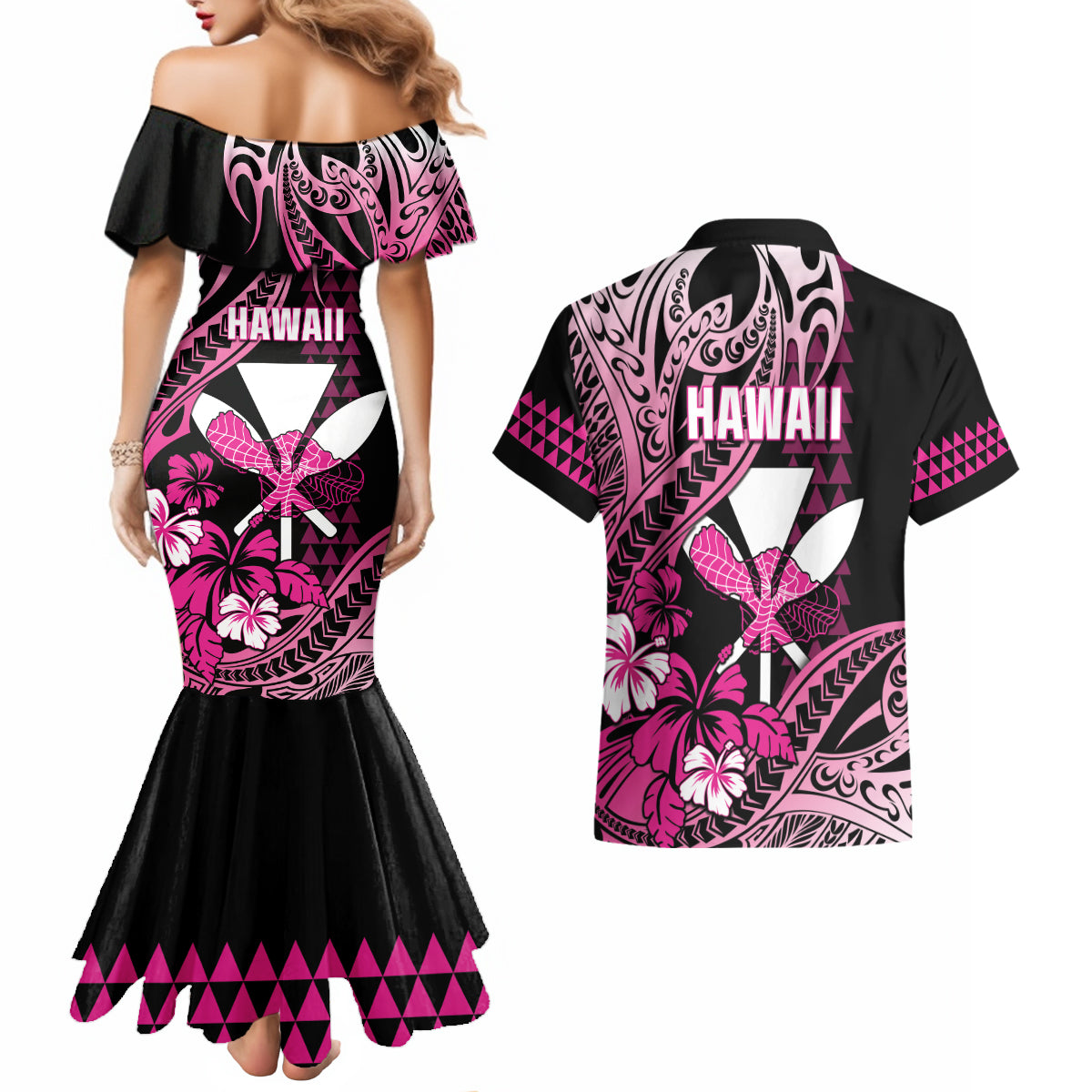 Hawaii Maui Upena Kiloi Couples Matching Mermaid Dress and Hawaiian Shirt Kakau Tribal Pattern Pink Version