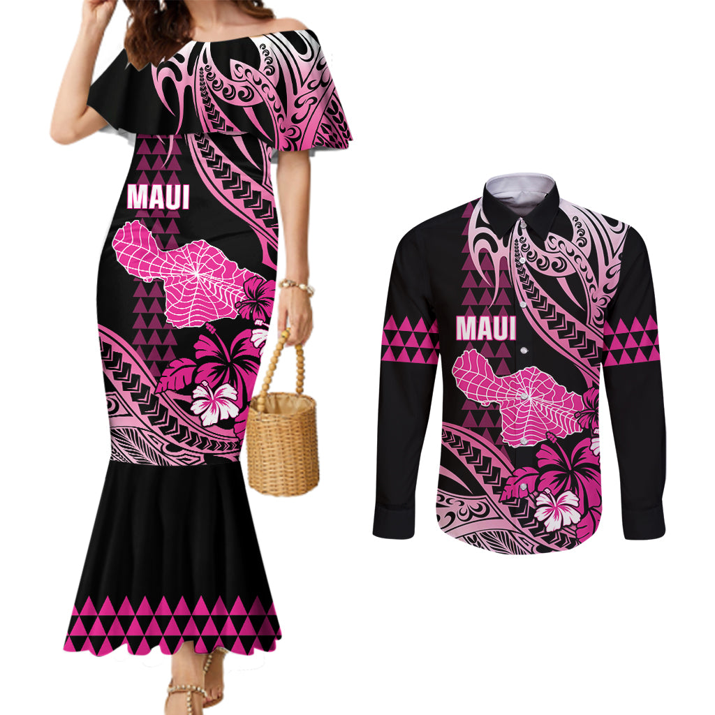 Hawaii Maui Upena Kiloi Couples Matching Mermaid Dress and Long Sleeve Button Shirt Kakau Tribal Pattern Pink Version LT05 Pink - Polynesian Pride