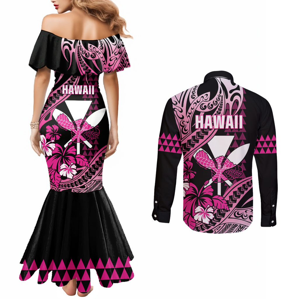 Hawaii Maui Upena Kiloi Couples Matching Mermaid Dress and Long Sleeve Button Shirt Kakau Tribal Pattern Pink Version LT05 - Polynesian Pride