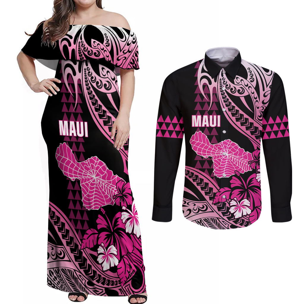 Hawaii Maui Upena Kiloi Couples Matching Off Shoulder Maxi Dress and Long Sleeve Button Shirt Kakau Tribal Pattern Pink Version LT05 Pink - Polynesian Pride