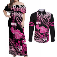 Hawaii Maui Upena Kiloi Couples Matching Off Shoulder Maxi Dress and Long Sleeve Button Shirt Kakau Tribal Pattern Pink Version LT05 Pink - Polynesian Pride