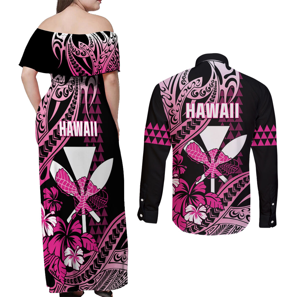 Hawaii Maui Upena Kiloi Couples Matching Off Shoulder Maxi Dress and Long Sleeve Button Shirt Kakau Tribal Pattern Pink Version LT05 - Polynesian Pride