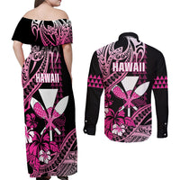 Hawaii Maui Upena Kiloi Couples Matching Off Shoulder Maxi Dress and Long Sleeve Button Shirt Kakau Tribal Pattern Pink Version LT05 - Polynesian Pride