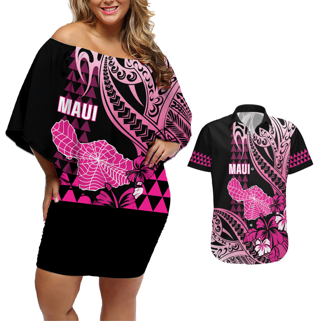Hawaii Maui Upena Kiloi Couples Matching Off Shoulder Short Dress and Hawaiian Shirt Kakau Tribal Pattern Pink Version LT05 Pink - Polynesian Pride