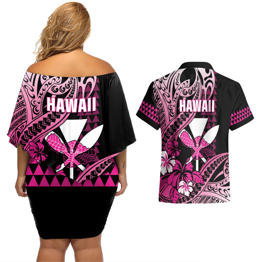Hawaii Maui Upena Kiloi Couples Matching Off Shoulder Short Dress and Hawaiian Shirt Kakau Tribal Pattern Pink Version LT05 - Polynesian Pride