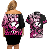 Hawaii Maui Upena Kiloi Couples Matching Off Shoulder Short Dress and Hawaiian Shirt Kakau Tribal Pattern Pink Version LT05 - Polynesian Pride
