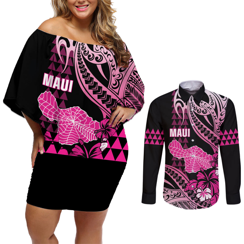 Hawaii Maui Upena Kiloi Couples Matching Off Shoulder Short Dress and Long Sleeve Button Shirt Kakau Tribal Pattern Pink Version LT05 Pink - Polynesian Pride