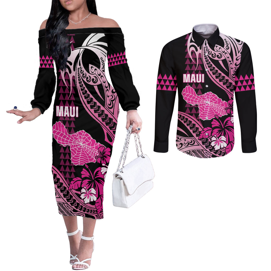 Hawaii Maui Upena Kiloi Couples Matching Off The Shoulder Long Sleeve Dress and Long Sleeve Button Shirt Kakau Tribal Pattern Pink Version LT05 Pink - Polynesian Pride