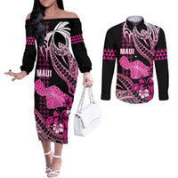Hawaii Maui Upena Kiloi Couples Matching Off The Shoulder Long Sleeve Dress and Long Sleeve Button Shirt Kakau Tribal Pattern Pink Version LT05 Pink - Polynesian Pride