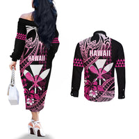Hawaii Maui Upena Kiloi Couples Matching Off The Shoulder Long Sleeve Dress and Long Sleeve Button Shirt Kakau Tribal Pattern Pink Version LT05 - Polynesian Pride