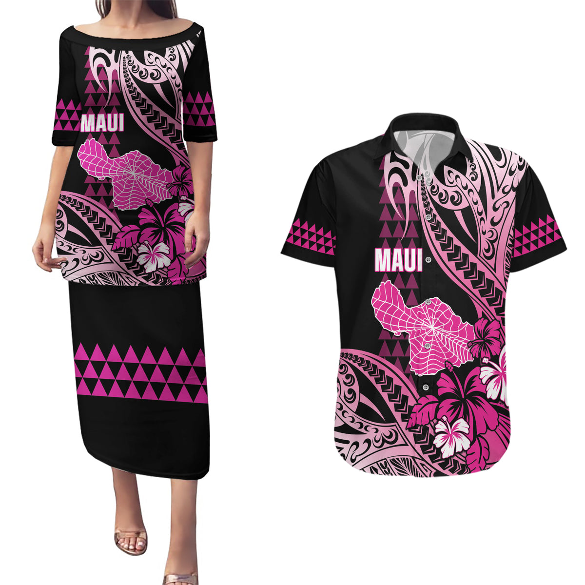 Hawaii Maui Upena Kiloi Couples Matching Puletasi and Hawaiian Shirt Kakau Tribal Pattern Pink Version LT05 Pink - Polynesian Pride
