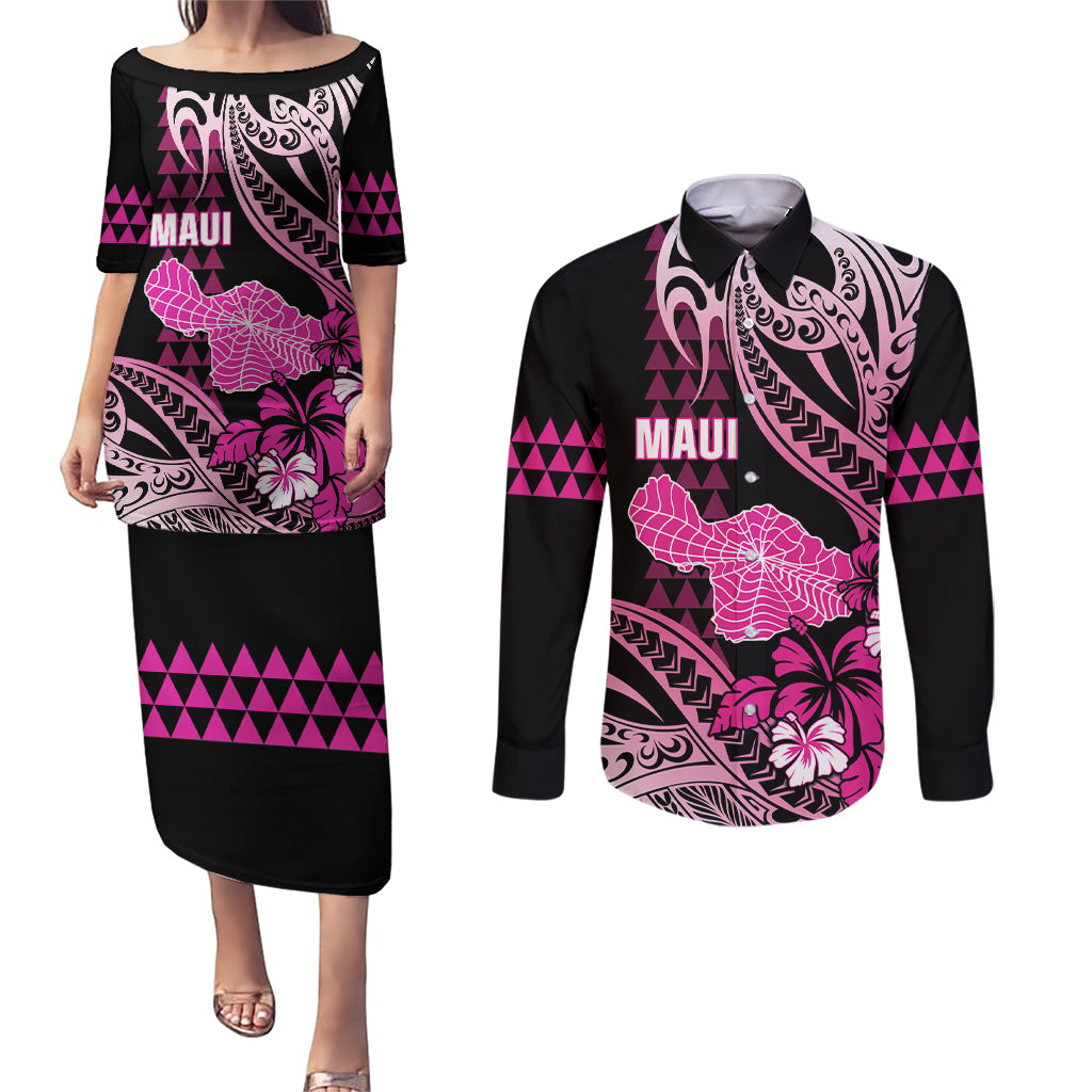 Hawaii Maui Upena Kiloi Couples Matching Puletasi and Long Sleeve Button Shirt Kakau Tribal Pattern Pink Version LT05 Pink - Polynesian Pride