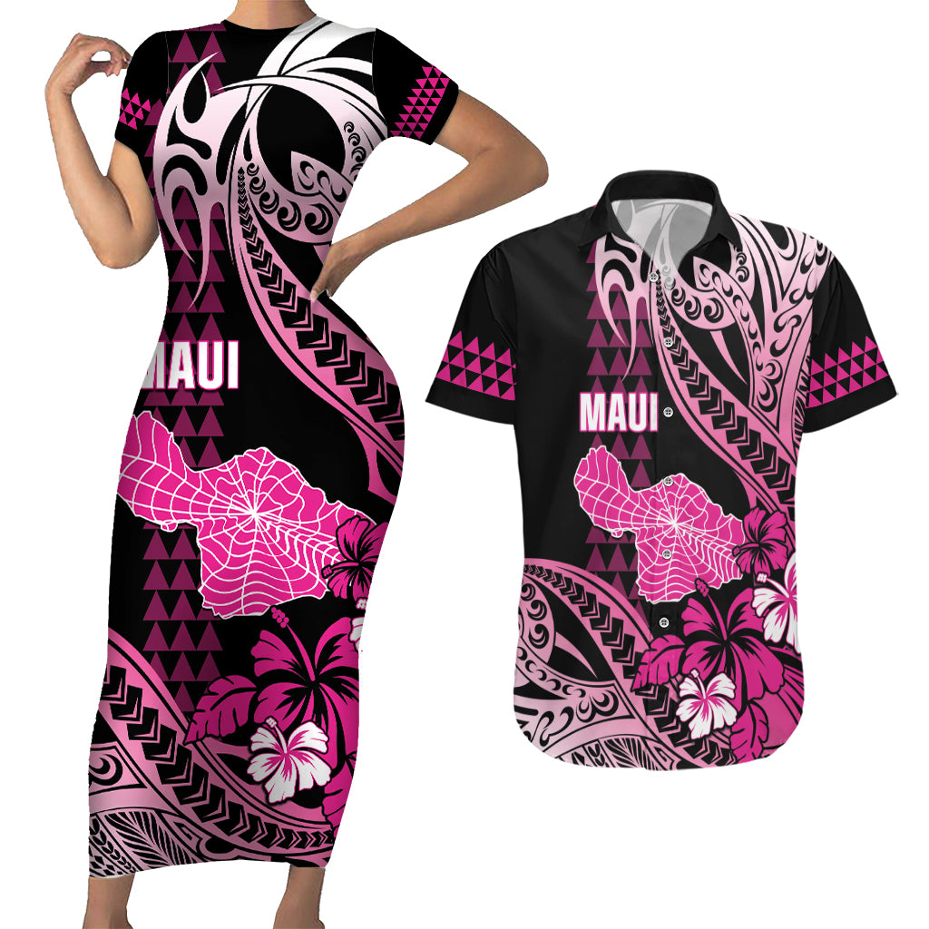 Hawaii Maui Upena Kiloi Couples Matching Short Sleeve Bodycon Dress and Hawaiian Shirt Kakau Tribal Pattern Pink Version LT05 Pink - Polynesian Pride