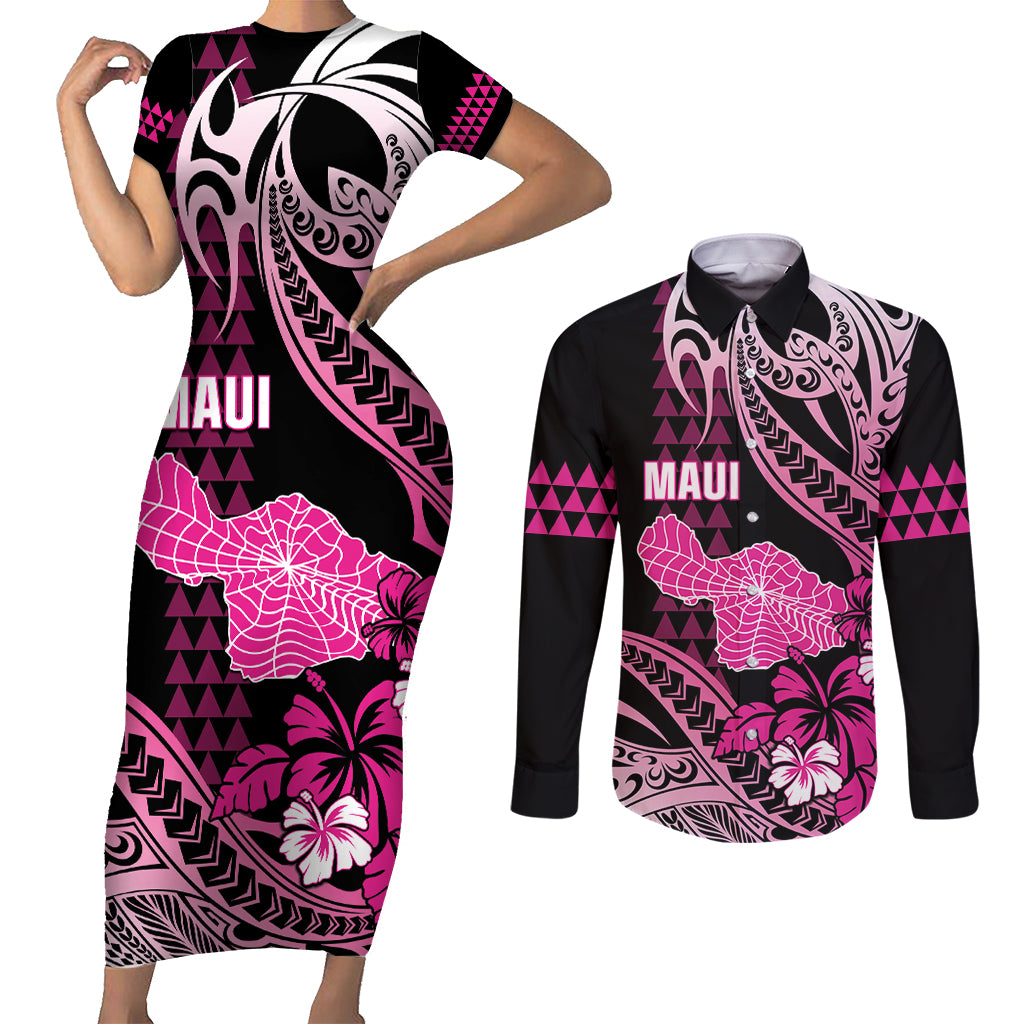 Hawaii Maui Upena Kiloi Couples Matching Short Sleeve Bodycon Dress and Long Sleeve Button Shirt Kakau Tribal Pattern Pink Version LT05 Pink - Polynesian Pride