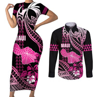 Hawaii Maui Upena Kiloi Couples Matching Short Sleeve Bodycon Dress and Long Sleeve Button Shirt Kakau Tribal Pattern Pink Version LT05 Pink - Polynesian Pride