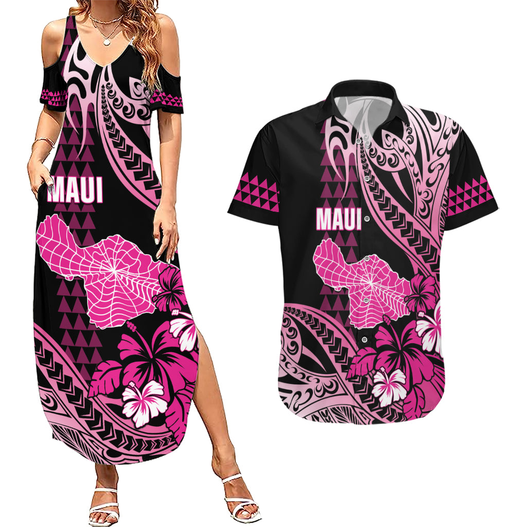 Hawaii Maui Upena Kiloi Couples Matching Summer Maxi Dress and Hawaiian Shirt Kakau Tribal Pattern Pink Version LT05 Pink - Polynesian Pride