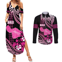 Hawaii Maui Upena Kiloi Couples Matching Summer Maxi Dress and Long Sleeve Button Shirt Kakau Tribal Pattern Pink Version LT05 Pink - Polynesian Pride