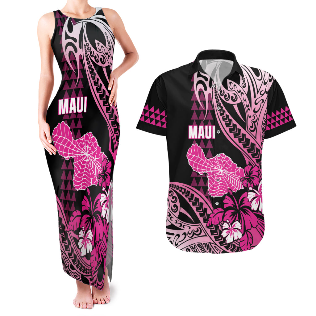 Hawaii Maui Upena Kiloi Couples Matching Tank Maxi Dress and Hawaiian Shirt Kakau Tribal Pattern Pink Version LT05 Pink - Polynesian Pride