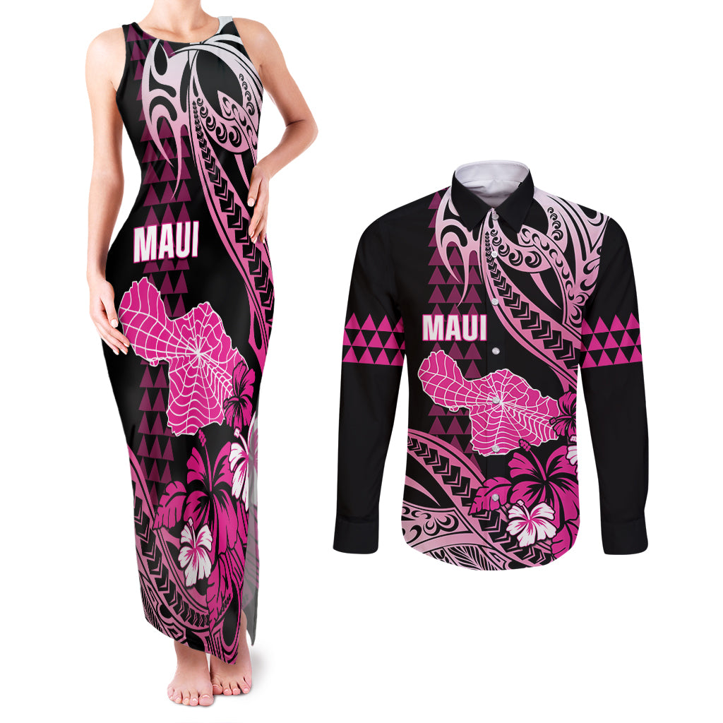 Hawaii Maui Upena Kiloi Couples Matching Tank Maxi Dress and Long Sleeve Button Shirt Kakau Tribal Pattern Pink Version LT05 Pink - Polynesian Pride