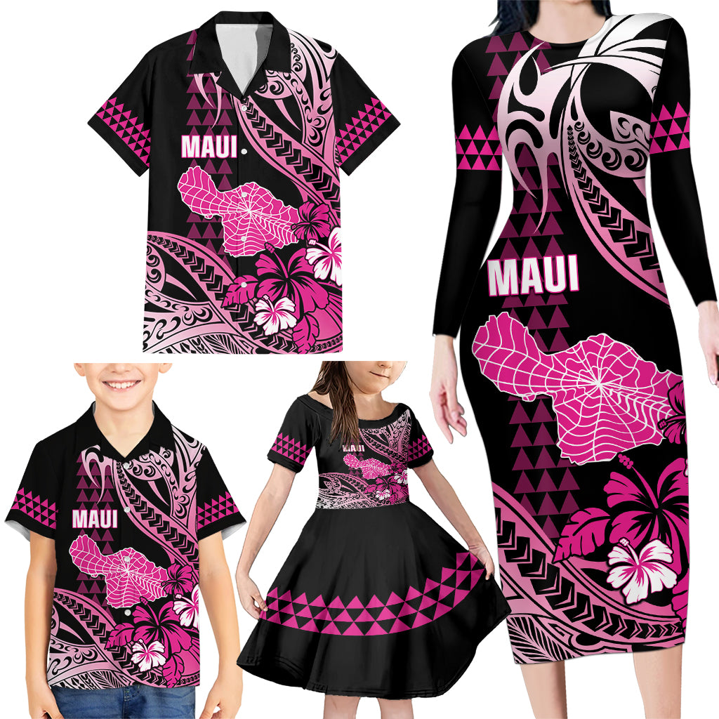 Hawaii Maui Upena Kiloi Family Matching Long Sleeve Bodycon Dress and Hawaiian Shirt Kakau Tribal Pattern Pink Version