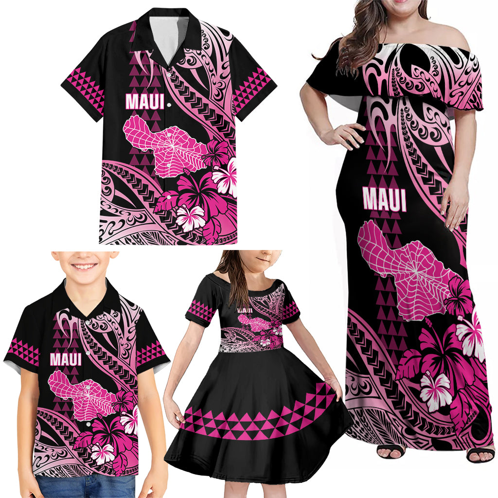 Hawaii Maui Upena Kiloi Family Matching Off Shoulder Maxi Dress and Hawaiian Shirt Kakau Tribal Pattern Pink Version