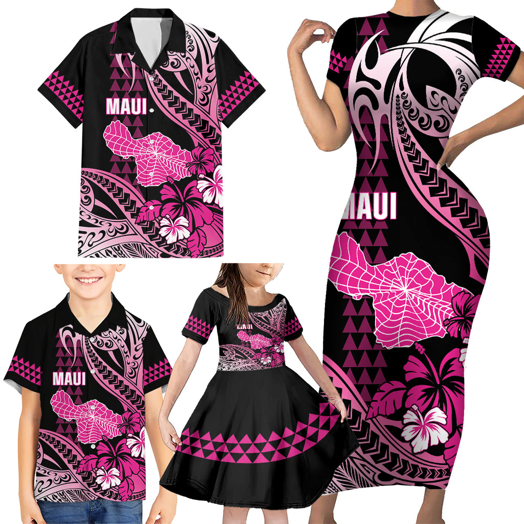 Hawaii Maui Upena Kiloi Family Matching Short Sleeve Bodycon Dress and Hawaiian Shirt Kakau Tribal Pattern Pink Version LT05 - Polynesian Pride