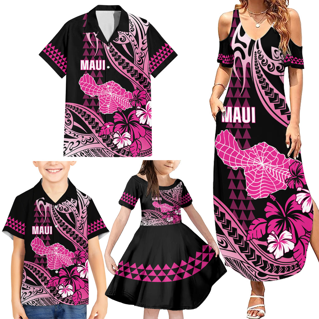 Hawaii Maui Upena Kiloi Family Matching Summer Maxi Dress and Hawaiian Shirt Kakau Tribal Pattern Pink Version LT05 - Polynesian Pride