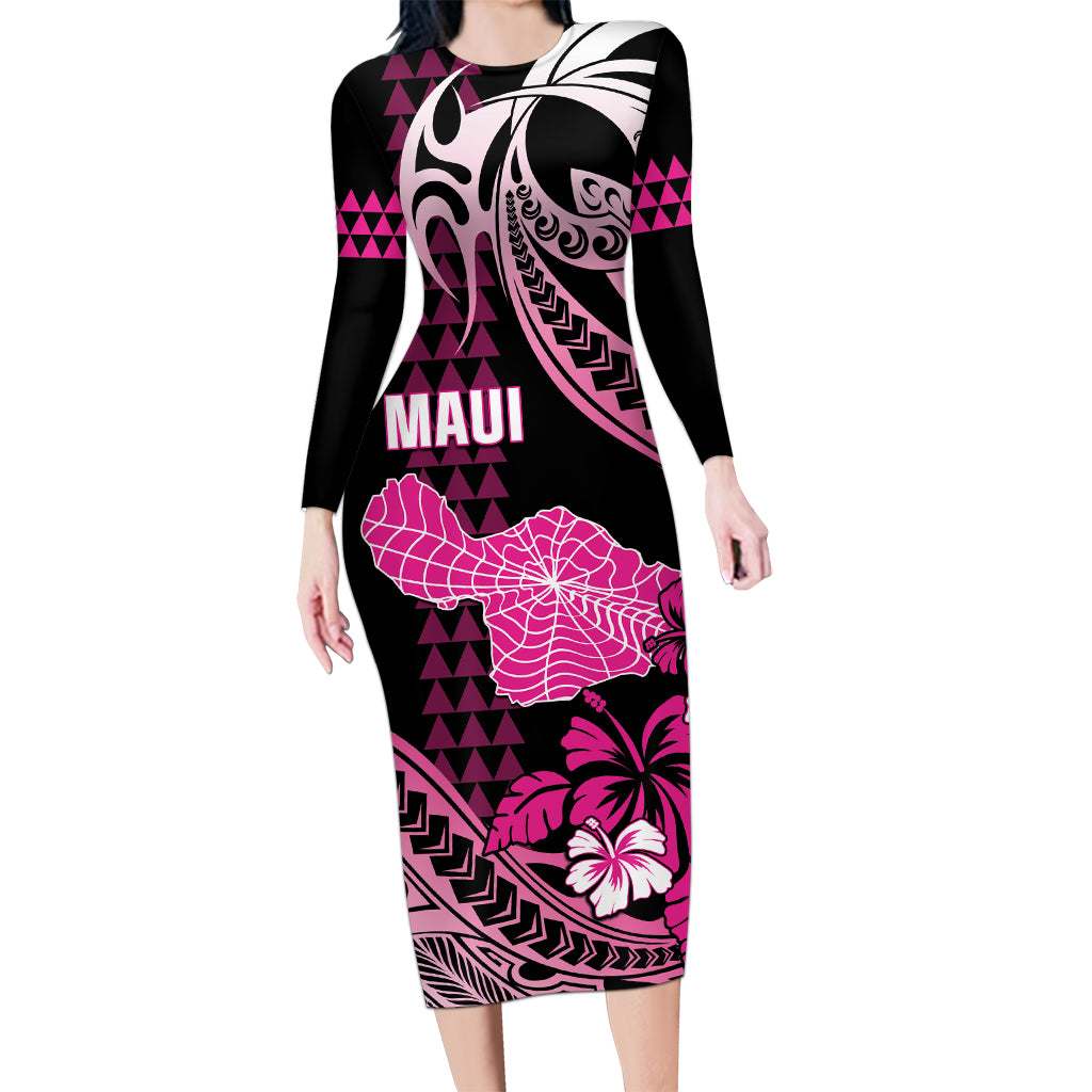 Hawaii Maui Upena Kiloi Long Sleeve Bodycon Dress Kakau Tribal Pattern Pink Version