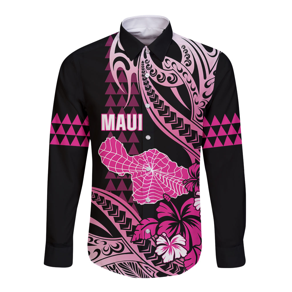 Hawaii Maui Upena Kiloi Long Sleeve Button Shirt Kakau Tribal Pattern Pink Version