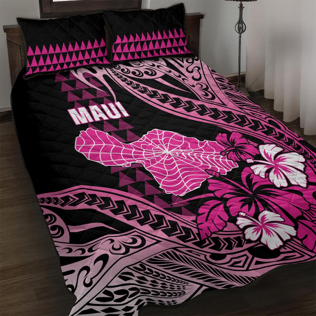 Hawaii Maui Upena Kiloi Quilt Bed Set Kakau Tribal Pattern Pink Version