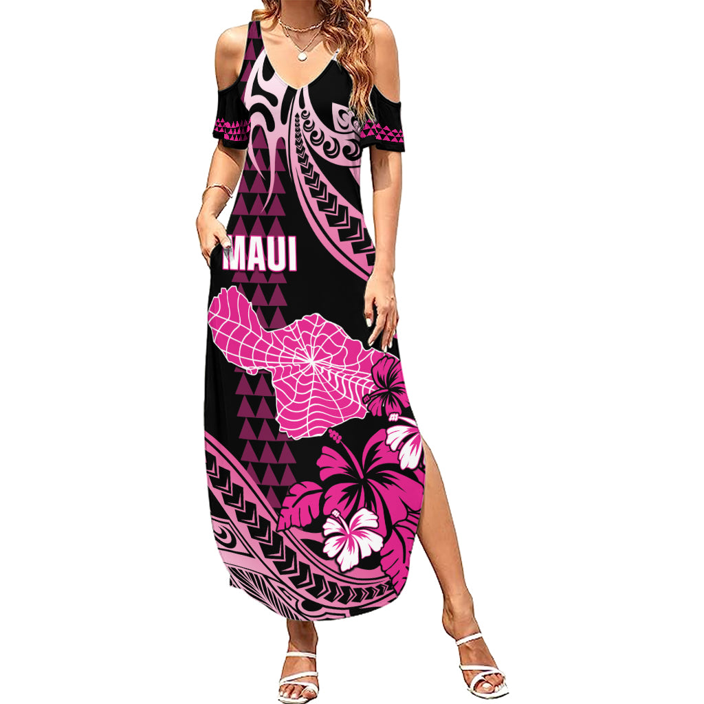 Hawaii Maui Upena Kiloi Summer Maxi Dress Kakau Tribal Pattern Pink Version LT05 Women Pink - Polynesian Pride