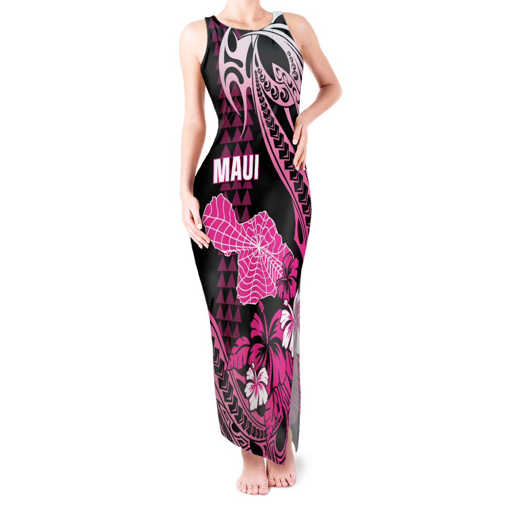 Hawaii Maui Upena Kiloi Tank Maxi Dress Kakau Tribal Pattern Pink Version