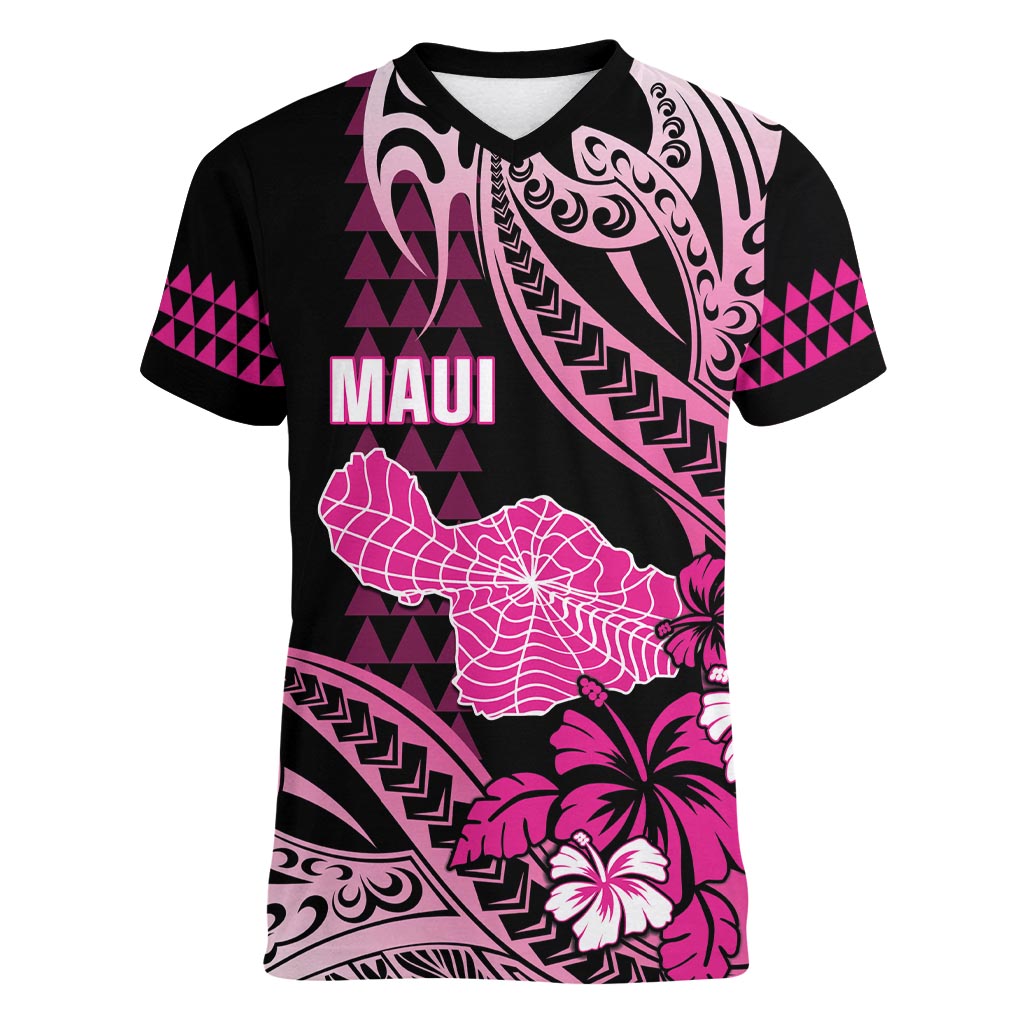 Hawaii Maui Upena Kiloi Women V-Neck T-Shirt Kakau Tribal Pattern Pink Version
